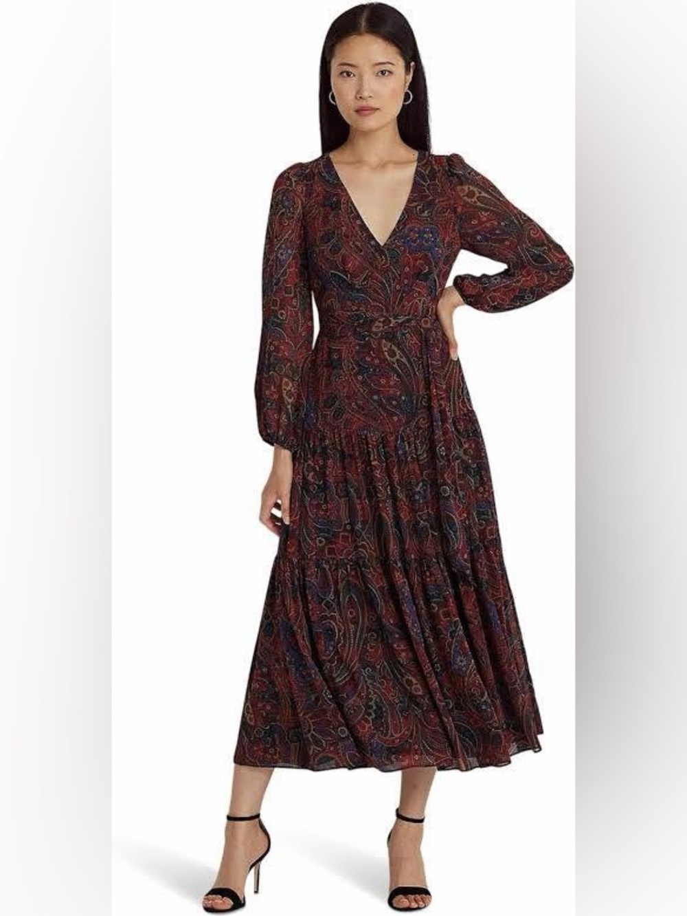 Lauren Ralph Lauren Paisley Wrap Maxi Dress in Burgundy. Size 16